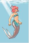  1girl ahoge bangs bare_shoulders bikini bikini_bottom blue_eyes collarbone fins flat_chest heart_ahoge highres mermaid monster_girl noyemik open_mouth original redhead short_hair signature simple_background solo swimsuit tail tail_fin 