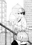  1girl :p baseball_cap building candy cotton_candy cowboy_shot fingernails food from_side greyscale hat hatching_(texture) highres holding lollipop long_sleeves miniskirt monochrome original outdoors pleated_skirt profile railing shirt short_hair skirt skyscraper solo thigh-highs tongue tongue_out y_naf zettai_ryouiki 