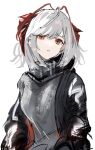  1girl antennae arknights black_jacket black_scarf commentary expressionless grey_hair grey_shirt highres horns jacket long_sleeves looking_at_viewer medium_hair nanaponi open_clothes open_jacket parted_lips red_eyes scarf shirt simple_background solo upper_body w_(a white_background 