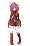  1girl :d asatsuki_(fgfff) bangs boots brown_dress commentary_request courtney_(pokemon) dress eyelashes fake_horns full_body gloves highres hood hood_up horns knees looking_at_viewer open_mouth pigeon-toed pokemon pokemon_(game) pokemon_oras purple_hair red_footwear red_gloves shiny shiny_skin short_hair smile solo standing sweater sweater_dress team_magma team_magma_uniform tongue transparent_background turtleneck_dress uniform violet_eyes 
