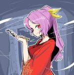  1girl bow commentary_request hair_bow holding japanese_clothes kimono kiseru komakusa_sannyo kumamoto_(bbtonhk2) long_hair long_sleeves looking_at_viewer pipe ponytail purple_hair red_eyes red_kimono slit_pupils solo touhou upper_body wide_sleeves yellow_bow 