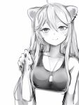  1girl animal_ears breasts closed_mouth dog_tags greyscale hair_between_eyes hand_up highres hololive lion_ears long_hair looking_at_viewer medium_breasts monochrome nail_polish nanashi_(nlo) shishiro_botan simple_background smile solo sports_bra white_background 