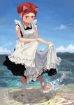  1girl animal_ears apron apron_lift beach blush cat_ears closed_mouth clothes_lift dress dress_lift feet hair_bun highres in_water kn_rookie legs looking_at_viewer maid mountain ocean original outdoors red_eyes redhead sidelocks skirt skirt_lift sky sleeveless solo toes 