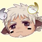  1boy alternate_hair_color animal_ears badai blush chibi cow_boy cow_ears cow_horns face facial_hair facial_mark fiery_horns forked_eyebrows glowing_horns goatee horns looking_at_viewer male_focus pout short_hair solo spiky_hair stubble thick_eyebrows tokyo_houkago_summoners wakan_tanka 
