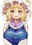  1girl blonde_hair blush breast_squeeze breasts commentary_request dress fang flying_sweatdrops hair_between_eyes hat large_breasts looking_at_viewer medium_hair open_mouth pillow_hat raised_eyebrows simple_background solo sweat tabard tassel thick_eyebrows touhou touya_(konpekitou) upper_body wavy_mouth white_background white_dress white_headwear yakumo_ran yellow_eyes 