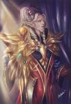  1boy absurdres armor blood_elf_(warcraft) curselady elf fantasy glowing glowing_eyes gold_armor high_ponytail highres long_hair long_pointy_ears lor&#039;themar_theron pointy_ears shoulder_armor warcraft white_hair world_of_warcraft 