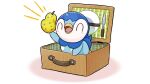  berry_(pokemon) blush closed_eyes commentary_request gen_4_pokemon holding lunchbox no_humans official_art open_mouth piplup plaid plate pokemon pokemon_(creature) project_pochama sitrus_berry smile solo tongue 