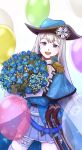  1girl :d balloon ban_hada bangs blue_capelet blue_flower blue_headwear blue_jacket blue_skirt bouquet capelet flower hat head_tilt highres holding holding_bouquet jacket korean_commentary long_hair looking_at_viewer nijisanji nijisanji_kr open_mouth pirate pirate_hat rockoon silver_hair skirt smile solo 