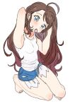  1girl ahoge bangs barefoot blue_shorts blush breasts brown_hair collarbone commentary_request eyelashes full_body hagetapo hair_down hair_tie_in_mouth head_tilt hilda_(pokemon) knees long_hair mouth_hold pokemon pokemon_(game) pokemon_bw shirt short_shorts shorts sleeveless sleeveless_shirt solo toes white_shirt 