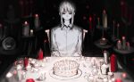  1girl birthday_cake blonde_hair brown_eyes buttoniris cake candle closed_mouth colored_skin commentary dark english_commentary food grey_shirt grey_skin original shirt solo table two_(buttoniris) 