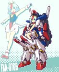  1girl absurdres beam_saber blue_hair core_fighter green_eyes gundam gundam_zz highres ishiyumi mecha personification sitting smile solo v-fin zz_gundam 