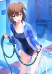  1girl :d absurdres bangs black_swimsuit blue_eyes blue_jacket blush breasts brown_hair bucket collarbone commentary_request competition_school_swimsuit covered_navel day empty_pool eyebrows_visible_through_hair feet_out_of_frame highres holding hose jacket long_sleeves looking_at_viewer one_side_up open_clothes open_jacket open_mouth original outdoors pov rangu reflective_floor short_sleeves small_breasts smile solo sparkle splashing standing standing_on_one_leg swimsuit swimsuit_under_clothes v-shaped_eyebrows water 