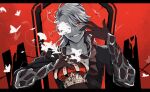  1boy bug butterfly closed_eyes crown crown_removed highres identity_v king_(vocaloid) medium_hair naib_subedar red_eyes red_theme shooooyo solo stitches 