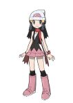  1girl beanie black_hair boots bracelet closed_mouth commentary_request hikari_(pokemon) eyelashes grey_eyes hair_ornament hairclip hat highres jewelry knees long_hair over-kneehighs pink_footwear pink_skirt pokemon pokemon_(game) pokemon_dppt red_scarf scarf shirt simple_background skirt sleeveless sleeveless_shirt smile solo standing thigh-highs white_background white_headwear yoshi_(moco1) 