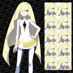  1girl asatsuki_(fgfff) bangs bare_arms blonde_hair closed_mouth commentary_request diamond_(shape) dress emerald_(gemstone) expression_chart green_eyes hair_over_one_eye hand_on_hip highres holding holding_poke_ball knees leggings long_hair lusamine_(pokemon) multicolored_hair nail_polish poke_ball pokemon pokemon_(game) pokemon_sm short_dress sleeveless sleeveless_dress smile streaked_hair ultra_ball very_long_hair white_dress white_legwear yellow_nails 