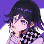  1boy bangs black_hair bojue_(hakus_1128) checkered checkered_neckwear checkered_scarf danganronpa_(series) danganronpa_v3:_killing_harmony hand_on_own_chin highres jacket long_sleeves male_focus multicolored_hair ouma_kokichi portrait purple_background purple_hair scarf shiny shiny_hair solo two-tone_hair violet_eyes white_background 