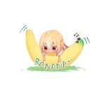  1girl banana bangs blonde_hair blush_stickers braid closed_mouth eyebrows_visible_through_hair food fruit hair_between_eyes highres hololive kintsuba_(shiranui_flare) multicolored_hair red_eyes sasaki_(glass1138) shiranui_flare shirt short_sleeves sparkle streaked_hair tan virtual_youtuber white_background white_hair white_shirt 