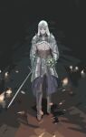  1girl armor armored_boots boots candle dark_souls_(series) dark_souls_iii flower headpiece highres looking_at_viewer serious shoulder_armor sirris_of_the_sunless_realms solo_focus sword weapon white_flower 