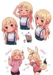  2girls :d animal_ears arm_up bare_arms bare_shoulders baseball_cap black_shorts blonde_hair blush braid closed_eyes duplicate flower fox_ears fox_girl fox_tail hand_up hat head_tilt highres hololive index_finger_raised long_hair multicolored_hair multiple_girls multiple_views omaru_polka open_mouth overall_shorts overalls pink_shirt pixel-perfect_duplicate pointy_ears red_eyes red_shirt sasaki_(glass1138) shiranui_flare shirt short_shorts shorts sleeveless sleeveless_shirt smile squatting streaked_hair tail tan translation_request very_long_hair virtual_youtuber white_hair white_headwear white_shirt yellow_flower 