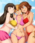  3girls amy_(suisei_no_gargantia) blue_eyes breasts brown_eyes brown_hair closed_mouth green_eyes large_breasts long_hair melty_(suisei_no_gargantia) multiple_girls navel open_mouth saaya_(suisei_no_gargantia) short_hair smile suisei_no_gargantia swimsuit yomitrooper 