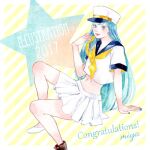  1girl 2017 asymmetrical_footwear bangs black_footwear blue_hair congratulations foot_out_of_frame holding_neckwear illustration.media long_hair midriff miya_(akatabi_dante) navel neckerchief original pleated_skirt shirt short_sleeves signature skirt solo star_(symbol) striped striped_background white_footwear white_headwear white_shirt white_skirt yellow_neckwear 