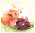  border brown_eyes closed_mouth collaboration commentary_request cutiefly flying gen_1_pokemon gen_5_pokemon gen_7_pokemon grass green_eyes heart looking_up lying nao_(naaa_195) no_humans on_back one_eye_closed pokemon pokemon_(creature) smile vulpix white_border zorua 