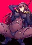  1girl ankle_boots bodysuit boots breasts closed_mouth covered_navel fate/grand_order fate_(series) gae_bolg_(fate) hand_up high_heel_boots high_heels long_hair looking_at_viewer medium_breasts polearm purple_footwear red_background red_bodysuit red_eyes redhead scathach_(fate) scathach_(fate)_(all) simple_background smile solo spear spread_legs veil wakamesan weapon 