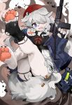  1girl 9a-91 9a-91_(girls&#039;_frontline) absurdres animal_feet animal_hands beret blue_eyes blush fang furry furry_female girls_frontline hat highres menthako open_mouth silver_hair solo tearing_up 