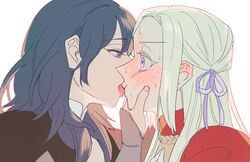  2girls bang_gu9 blonde_hair blue_hair blush byleth_(fire_emblem) byleth_eisner_(female) cheek_squash commentary_request ear_blush edelgard_von_hresvelg eyebrows_visible_through_hair fire_emblem fire_emblem:_three_houses licking_lips light_purple_eyes multiple_girls simple_background sweat tongue tongue_out violet_eyes white_background yuri 