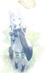  1girl absurdres animal_ear_fluff animal_ears arknights bangs blush boots bug butterfly cat_ears cat_girl cloak cy_fros dress fingerless_gloves gloves highres hood hood_down hooded_cloak infection_monitor_(arknights) long_hair rosmontis_(arknights) silver_hair solo thigh_strap white_dress 