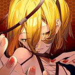  1girl bangs bare_shoulders blonde_hair eyebrows_behind_hair eyebrows_visible_through_hair hair_between_eyes hair_ribbon highres jewelry nail_polish necklace open_mouth original reaching_out ribbon short_hair side_ponytail sleeveless solo upper_body yellow_eyes zhili_xingzou 