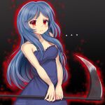  1girl axe bare_shoulders blue_dress blue_hair dress enri_m._louvre highres holding holding_axe long_hair naraku naraku_2 purgatory_(series) red_eyes solo weapon 