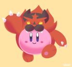  artist_name blush_stickers closed_mouth commentary english_commentary gen_7_pokemon incineroar kirby kirby_(series) looking_at_viewer pokemon signature simple_background smile violet_eyes voviat yellow_background 
