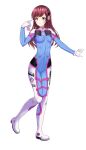  1girl animal_print bangs blue_bodysuit bodysuit breasts brown_eyes brown_hair bunny_print commentary d.va_(overwatch) eyebrows_visible_through_hair facepaint facial_mark gloves headphones highres long_hair overwatch phone pilot_suit ribbed_bodysuit shoulder_pads skin_tight small_breasts standing standing_on_one_leg swept_bangs whisker_markings white_background white_gloves yoga_(29985496) 