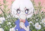  1girl blue_hair blush bright_pupils covered_mouth dated double_scoop flower food hair_between_eyes highres ice_cream ice_cream_cone leaf medium_hair melting original plant short_sleeves signature solo tears upper_body white_flower white_hair white_pupils zukky000 