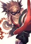  1boy bakugou_katsuki bangs blonde_hair boku_no_hero_academia explosive eye_mask fighting_stance foreshortening gloves grenade highres koooogasya looking_at_viewer male_focus messy_hair open_hand pectoral_cleavage pectorals red_eyes red_gloves short_hair solo spiky_hair toned toned_male 