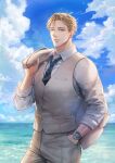  1boy blonde_hair brown_jacket clouds day hand_in_pocket highres holding holding_clothes holding_jacket jacket looking_at_viewer male_focus necktie ocean original outdoors pants parted_lips shirt short_hair sky solo ssong-ga upper_body vest watch watch white_shirt yellow_eyes 