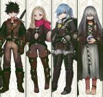  1boy 3girls armor barefoot belt_boots black_hair blonde_hair blue_hair book boots braid commentary crystal_ball elf fantasy fingerless_gloves gauntlets gloves grey_hair highres holding holding_book jun_(seojh1029) long_hair looking_at_viewer multiple_girls original pointy_ears scarf sheath sheathed shield short_hair short_ponytail side_braid single_braid smile standing sword thigh-highs thigh_boots weapon 