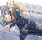  1boy animal_ears artist_name bow cat_ears couch formal grey_hair identity_v joseph_desaulniers long_hair lying mini_photographer open_mouth sleeping solo suit tail white_hair white_tail yellow_bow 