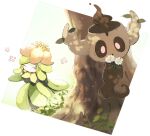  closed_eyes commentary_request day flower gen_5_pokemon gen_6_pokemon grass holding holding_flower lilligant looking_at_object nao_(naaa_195) no_humans outdoors phantump pink_eyes pokemon pokemon_(creature) standing tree white_flower 
