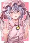  1girl absurdres bangs bat_wings border buttons eyebrows_behind_hair fangs hair_between_eyes hat hat_ribbon highres index_finger_raised looking_at_viewer maboroshi_mochi mob_cap open_mouth pink_background pink_headwear pink_shirt purple_hair red_eyes red_nails red_ribbon remilia_scarlet ribbon shirt short_hair short_sleeves simple_background smile solo touhou upper_body white_border wings 