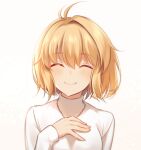  1girl ahoge arcueid_brunestud bangs blonde_hair blush breasts closed_eyes closed_mouth commentary_request eyebrows_visible_through_hair fingernails hair_between_eyes hair_intakes hand_on_own_chest jewelry long_sleeves necklace nemu_mohu short_hair sidelocks simple_background smile solo sweater tsukihime tsukihime_(remake) turtleneck turtleneck_sweater upper_body vampire white_background white_sweater 