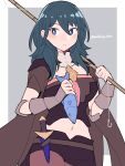  1girl armor bangs black_armor black_cape black_shorts blue_eyes blue_hair blush brown_legwear byleth_(fire_emblem) byleth_eisner_(female) cape closed_mouth do_m_kaeru emblem expressionless eyebrows_visible_through_hair fire_emblem fire_emblem:_three_houses fishing_rod gauntlets hair_between_eyes holding holding_fishing_rod knife long_hair looking_at_viewer midriff navel pantyhose sheath sheathed short_shorts shorts solo twitter_username upper_body 