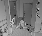  bag bag_removed coat coat_removed commentary_request door floor greyscale indoors jacket jacket_removed monochrome namaniku_(nmnk2020) no_humans original panties panties_removed shoes shoes_removed shopping_bag sound_effects speech_bubble suitcase translation_request underwear 