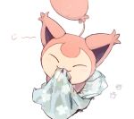  blush closed_eyes cloth commentary_request facing_viewer fangs fangs_out from_below gen_3_pokemon mouth_hold nao_(naaa_195) no_humans paw_print pokemon pokemon_(creature) skitty smile 