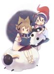  2girls ashiyu_(ashu-ashu) blue_eyes blue_hair blush book brown_hair doremy_sweet dream_world_(touhou) dress earmuffs eyebrows_visible_through_hair gold_bracelet hair_between_eyes hat highres horns multiple_girls open_mouth pointy_hair pom_pom_(clothes) reading santa_hat sheep sheep_horns short_hair sitting sleeveless sleeveless_dress surprised sweatdrop touhou toyosatomimi_no_miko v-shaped_eyebrows 