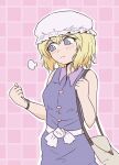  alternate_costume bag blonde_hair blush_stickers checkered checkered_background cropped_legs feet_out_of_frame handbag hat highres maribel_hearn mob_cap outstretched_arm pink_background pout purple_shirt shio_(futatsumami) shirt short_hair sleeveless sleeveless_shirt touhou violet_eyes waist_bow watch watch 