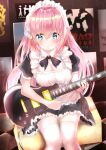  1girl absurdres album_cover alternate_costume blue_eyes blush bocchi_the_rock! bow commentary cover electric_guitar enmaided frills gotou_hitori guitar hair_ornament highres indoors instrument looking_at_viewer maddo_(gasser_0518) maid maid_headdress music pink_hair playing_instrument sitting solo thigh-highs white_legwear zettai_ryouiki 