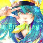  1girl 2017 aqua_eyes bangs enta_shiho green_eyes grey_nails hair_between_eyes hand_up hat illustration.media mouth_hold neckerchief original portrait signature simple_background solo star_(symbol) v white_headwear yellow_background yellow_neckwear 