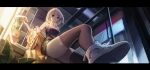  1girl absurdres ass bangs bare_shoulders black_legwear breasts feet foot_focus highres holding holding_paper indoors looking_at_viewer looking_down niaodao_zhenjun original paper short_hair silver_hair sitting sleeveless solo thigh-highs thighs vest violet_eyes 